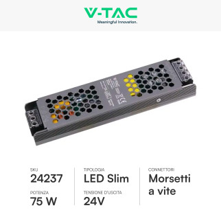 V-Tac VT-24075-S Alimentatore Led Slim 75W 24V 3,1A Per Uso Interno