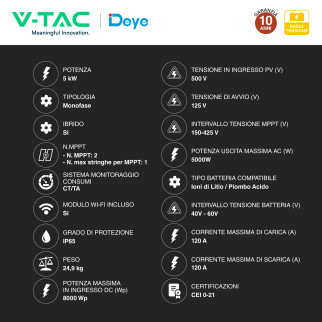 V-Tac Deye Inverter Monofase Ibrido On-Grid / Off-Grid 5kW IP65