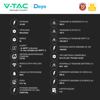 V-Tac Deye Inverter Monofase Ibrido On-Grid / Off-Grid 16kW IP65