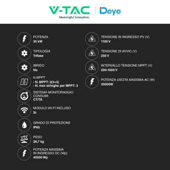V-Tac Deye Inverter On Grid 35kW Trifase IP65 Impianto Fotovoltaico