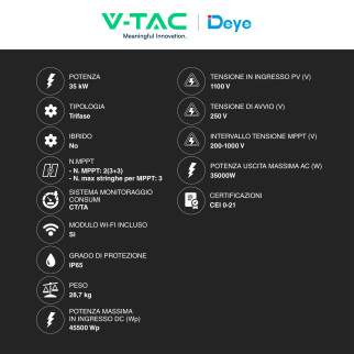 V-Tac Deye Inverter Trifase On-Grid 35kW IP65 CEI 0-21