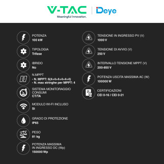 V-Tac Deye Inverter Trifase On-Grid 100kW IP65 CEI 0-21 e CEI 0-16