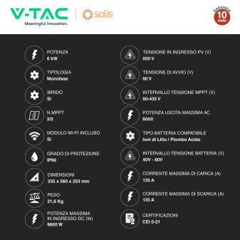 V-Tac Inverter Monofase Ibrido On-Grid / Off-Grid 6kW IP66