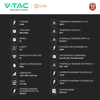 V-Tac Inverter Monofase Ibrido On-Grid / Off-Grid 6kW IP66