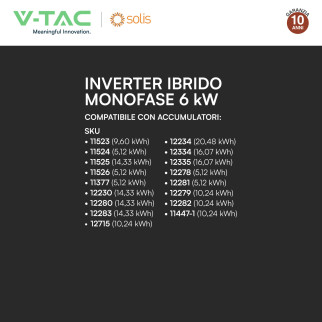 V-Tac Inverter Monofase Ibrido On-Grid / Off-Grid 6kW IP66