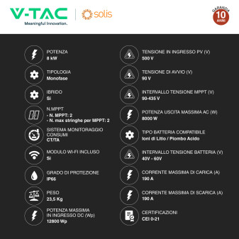 V-Tac Inverter Monofase Ibrido On-Grid / Off-Grid 8kW IP66