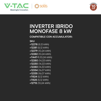 V-Tac Inverter Monofase Ibrido On-Grid / Off-Grid 8kW IP66