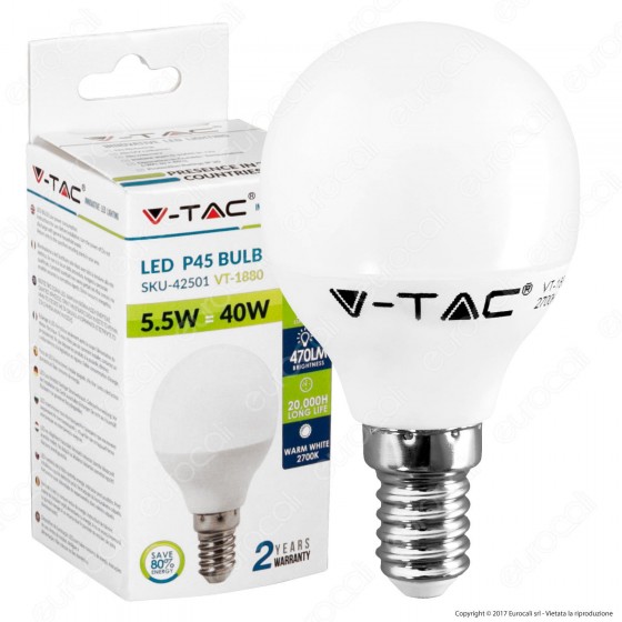 V-Tac VT-1880 Lampadina LED E14 5,5W MiniGlobo P45 - SKU 42501 / V-Tac VT-1880 Lampadina LED E14 5,5W MiniGlobo P45 - SKU 42501 /