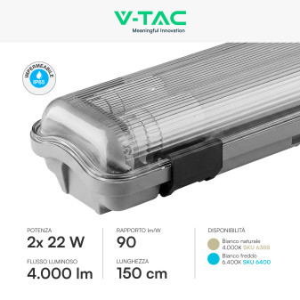 V-Tac VT-15022 Porta Tubi LED IP65 per 2 Tubi T8 G13 da 120cm