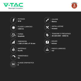V-Tac VT-61041 Pannello LED Quadrato 60x60 40W SMD