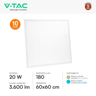 V-Tac VT-61020 10 Pannelli LED Quadrati 60x60 20W SMD a Incasso