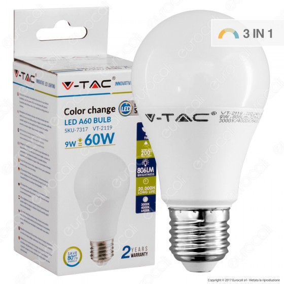 V-Tac VT-2119 Lampadina LED E27 9W Bulb A60 3Step Color Changing - V-Tac VT-2119 Lampadina LED E27 9W Bulb A60 3Step Color Changing -