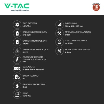 V-Tac Batteria Stack LiFePO4 5,12kWh Impianti Fotovoltaici CEI 0-21
