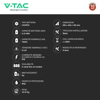 V-Tac Batteria Stack LiFePO4 5,12kWh Impianti Fotovoltaici CEI 0-21