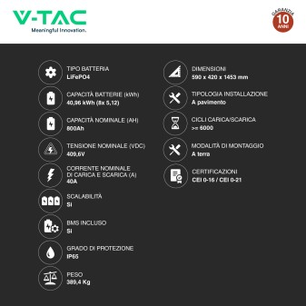 V-Tac Kit 8 Batterie BMS Stack LiFePO4 Fotovoltaico CEI 0-21 0-16