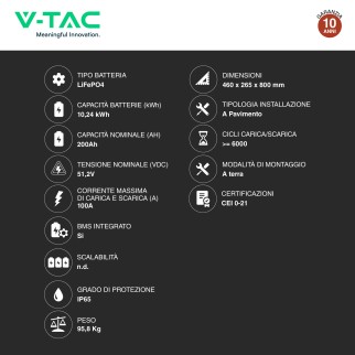 V-Tac VT-12040-1 Batteria BMS LiFePO4 51,2V 200Ah 10,24 kWh IP65