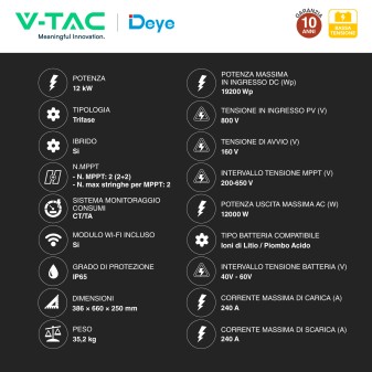 V-Tac Deye Inverter Trifase On-Grid / Off-Grid 12kW IP65