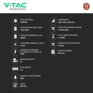 V-Tac VT-12040-1 Batteria BMS LiFePO4 51,2V 200Ah 10,24 kWh IP65