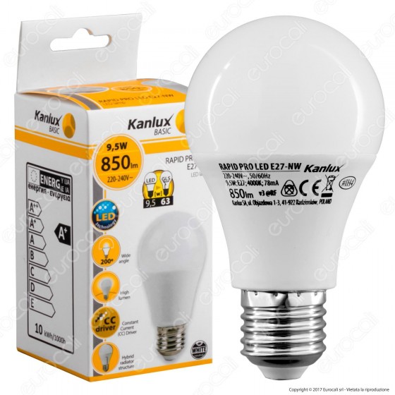Kanlux RAPID PRO Lampadina LED E27 9,5W Bulb A60 - mod. 22950 / 22951 Kanlux RAPID PRO Lampadina LED E27 9,5W Bulb A60 - mod. 22950 / 22951