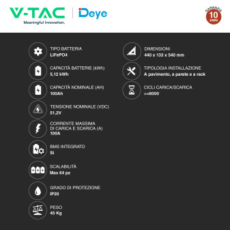 V-Tac Deye Batteria BMS LiFePO4 51,2V 100Ah 5,12kWh
