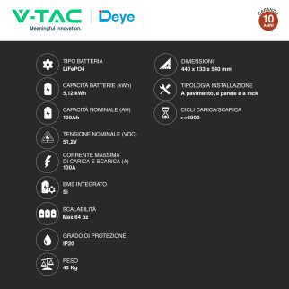 V-Tac Deye Batteria BMS LiFePO4 51,2V 100Ah 5,12kWh