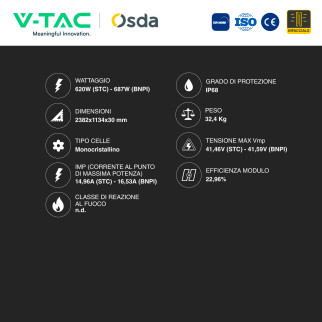 V-Tac Pannelli Fotovoltaici 620W STC 687W BNPI TopCon IP68