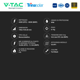 V-Tac Pannelli Fotovoltaici 445W STC 493W BNPI TopCon IP68