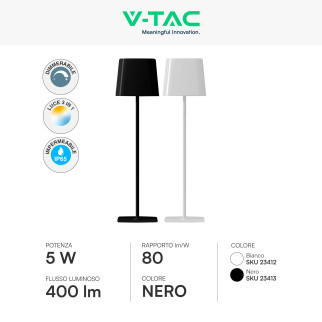 V-Tac VT-10116-W Lampada LED da Tavolo 5W 3in1 Ricaricabile