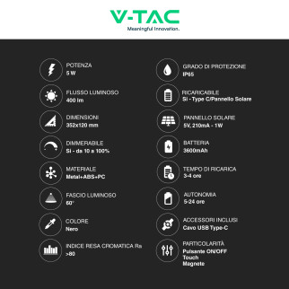 V-Tac VT-10116-W Lampada LED da Tavolo 5W 3in1 Ricaricabile