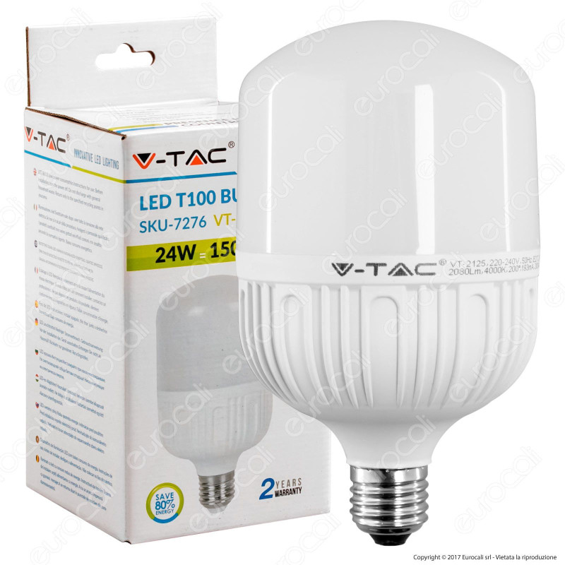 V-Tac VT-2125 Lampadina LED E27 24W Bulb T100 - SKU 7275 / 7276 /