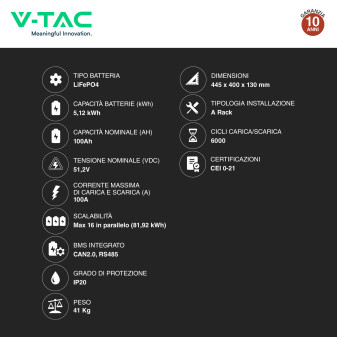VT48100E-P2 Accumulatore 5,12kWh Impianti Fotovoltaici CEI 0-21 V-Tac