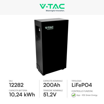 V-Tac Batteria BMS LiFePO4 51,2V 200Ah 10,24kWh Colore Nero