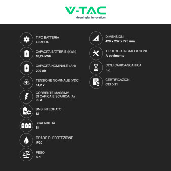 V-Tac Batteria BMS LiFePO4 51,2V 200Ah 10,24kWh Colore Nero