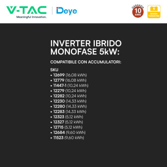 V-Tac Deye Inverter Monofase Ibrido On-Grid / Off-Grid 5kW IP65