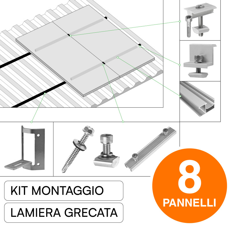Kit Struttura per Montaggio 8 Pannelli Solari su Lamiera Grecata