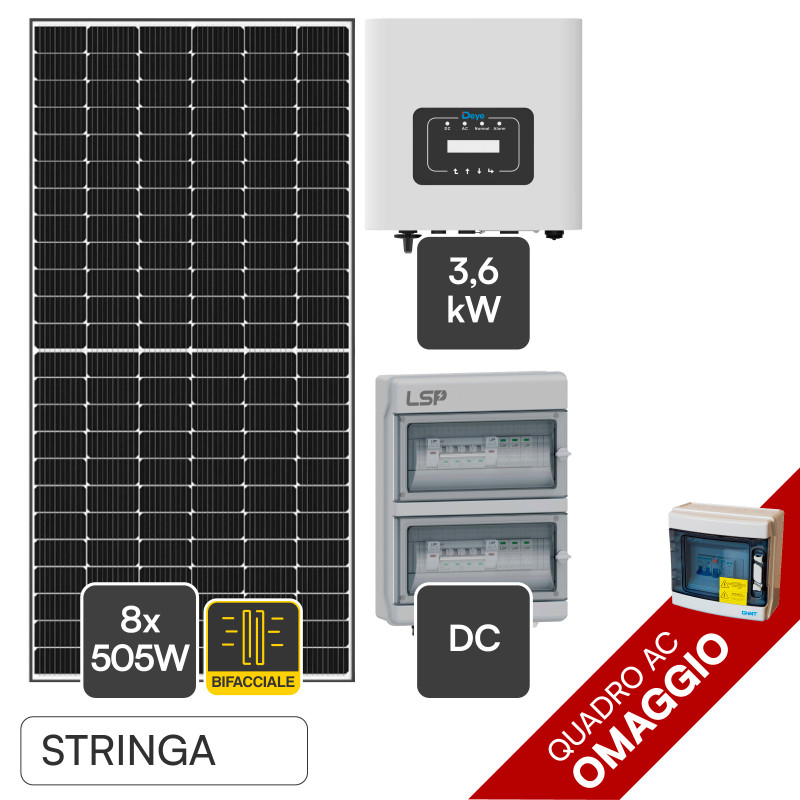 Kit 8 Pannelli Solari 505W + Inverter Monofase 3,6kW + Quadri DC/AC
