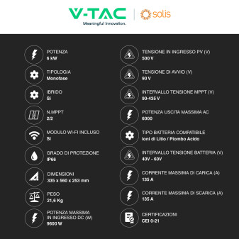 V-Tac Inverter Monofase Ibrido On-Grid / Off-Grid 6kW IP66