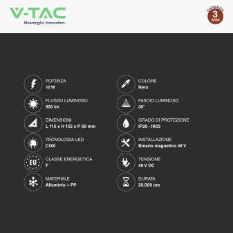 V-Tac VT-40012 Faretto LED da Binario 10W Track Light COB Colore Nero