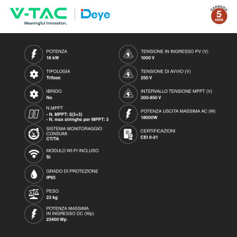 V-Tac Deye Inverter Trifase On-Grid 18kW IP65 CEI 0-21