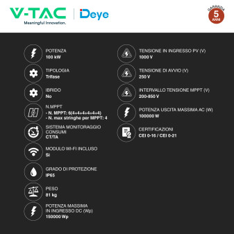 V-Tac Deye Inverter Trifase On-Grid 100kW IP65 CEI 0-21 e CEI 0-16