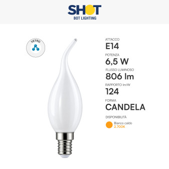 Bot Lighting Shot Lampadina LED E14 6,5W Candela C35 Vetro Bianco
