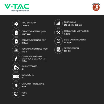 V-Tac Batteria BMS LiFePO4 51,2V 314Ah 16,07kWh Garanzia 10 Anni Nera