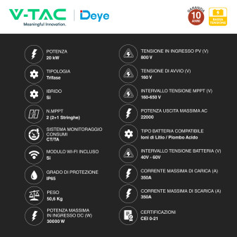 V-Tac Inverter Trifase Ibrido On-Grid / Off-Grid 20kW IP65