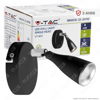 V-Tac VT-805 Lampada da Muro Wall Light LED 4,5W Colore Nero - SKU