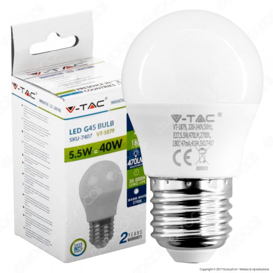 V-Tac VT-1879 Lampadina LED E27 5,5W MiniGlobo G45 - SKU 7407 / 7408 V-Tac VT-1879 Lampadina LED E27 5,5W MiniGlobo G45 - SKU 7407 / 7408