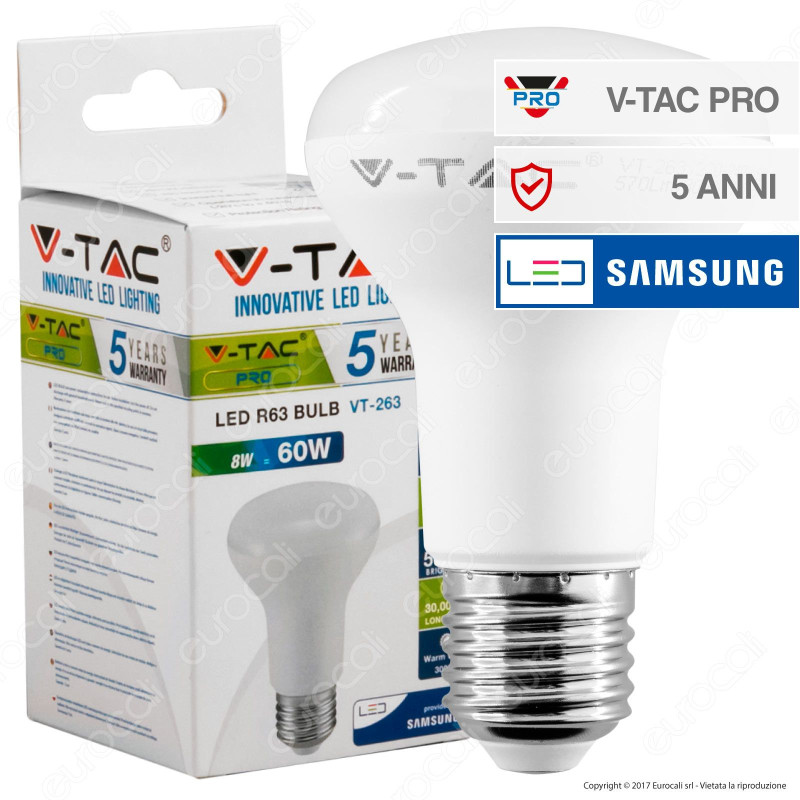 V-Tac PRO VT-263 Lampadina LED E27 8W Bulb Reflector Spot R63 Chip