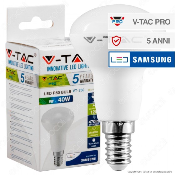 V-Tac PRO VT-250 Lampadina LED E14 6W Bulb Reflector R50 Chip Samsung V-Tac PRO VT-250 Lampadina LED E14 6W Bulb Reflector R50 Chip Samsung