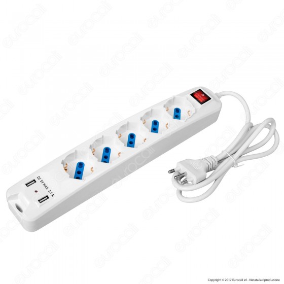 FAI Multipresa 5 Posti e 2 Prese USB Colore Bianco con Interruttore - FAI Multipresa 5 Posti e 2 Prese USB Colore Bianco con Interruttore -
