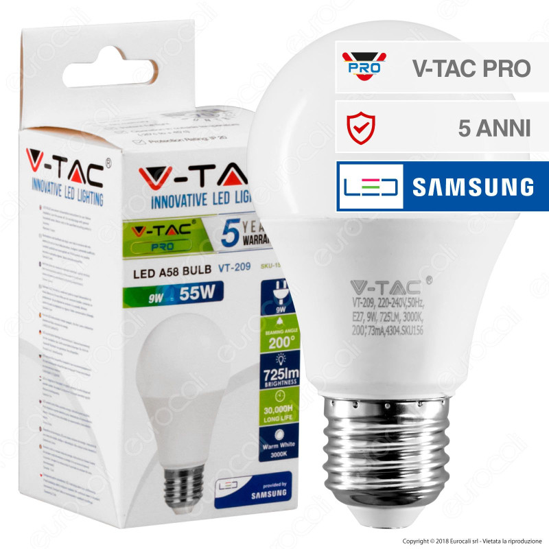 V-Tac PRO VT-209 Lampadina LED E27 9W Bulb A58 Chip Samsung - SKU 156