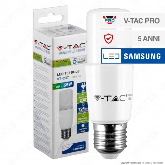 V-Tac PRO VT-237 Lampadina LED E27 8W Tubolare T37 Chip Samsung - SKU